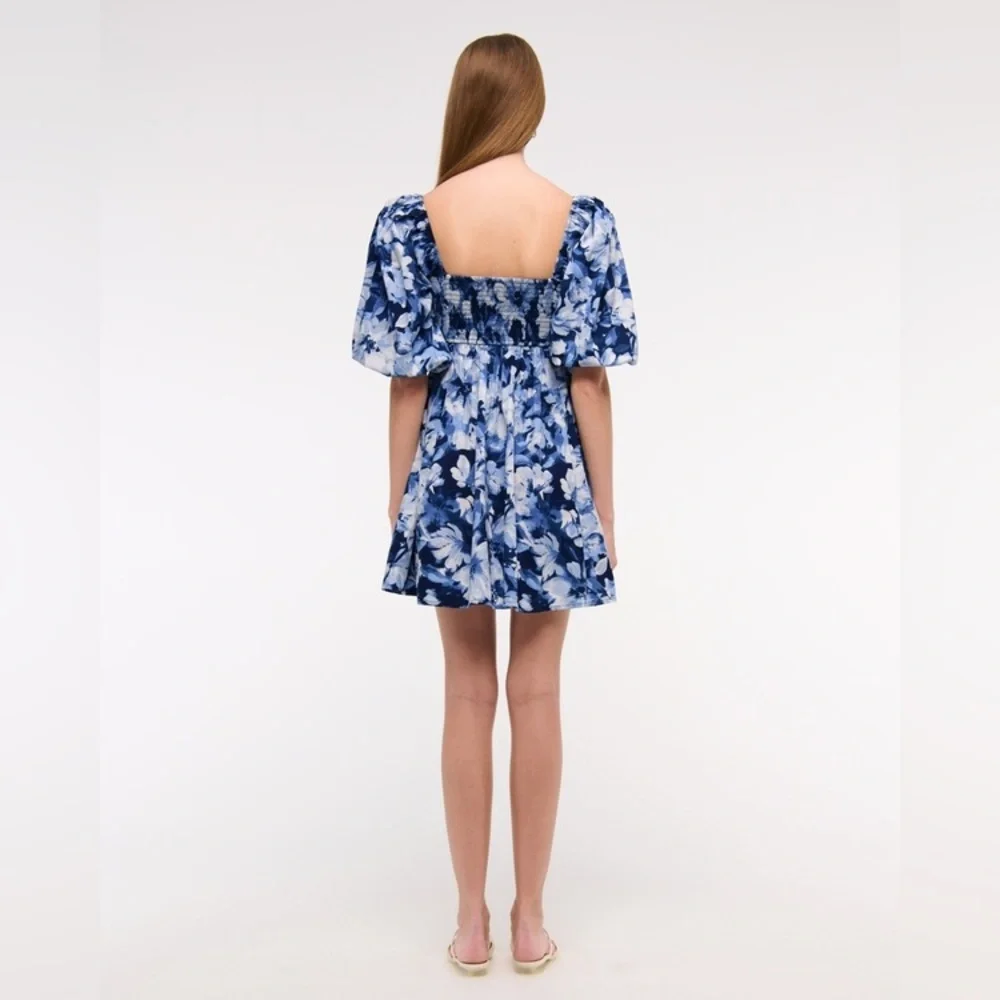 Abercrombie & Fitch Emerson Poplin Puff Sleeve Blue floral Mini Dress Sz XXS - Picture 2 of 14